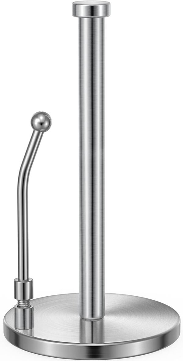 SMARTAKE Paper Towel Holder, Paper Towel Dispenser Standing Weighted Base Non Slip, Spring Arm for Easy Tear, Stainless Steel Paper Towel Holder for Home Kitchen Countertop Tabletop, Silver
