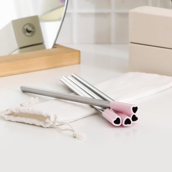 Heart Shaped Stainless Steel Reusable Metal Straws with Pink Silicone tips (Set of 4 straws) for coffee tumbler 20 oz accessories and Valentines day Christmas Birthday gift - Image 6
