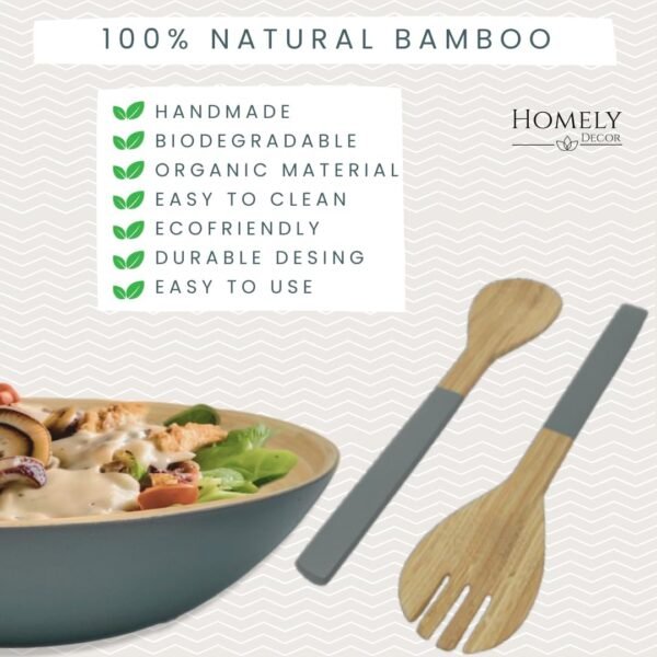 Bamboo Wooden Salad Bowls Set Large Bamboo Wood Serving Bowl for Fruits 11.8" Big Salad Bowl with Serving Utensils Bowl for Kitchen Counter Wood Bowls for food Wooden Serving Bowl for Snacks (Gray) - Image 5