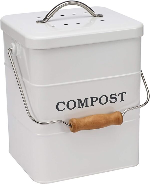 Stainless Steel Compost Bin for Kitchen Countertop,1 Gallon, Includes Charcoal Filter,Compost Bucket Kitchen Pail Compost with Lid -White