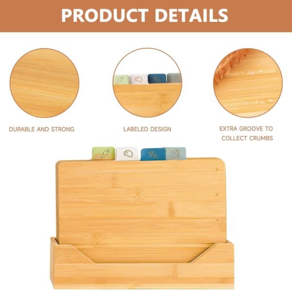 Bamboo Cutting Board Set of 4 with Labeled Food Icon for Kitchen- Wood Cutting Board with Stand Chopping Boards Set with Holder for Meat, Fish, Bread, Vegetable Chopping - Image 3