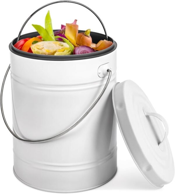 Kitchen Compost Bin with Airflow Lid, 1.3 Gallon Metal Countertop Compost Bucket, Indoor Composter, White