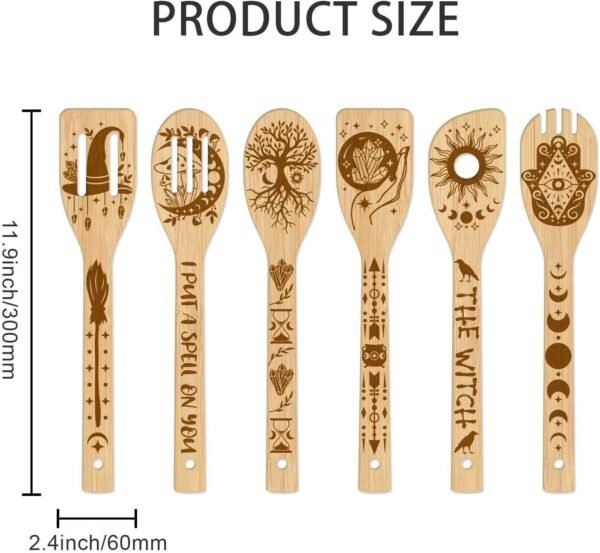 GLOBLELAND 6Pcs Magic Divination Bamboo Cooking Utensils Wooden Engraved Cooking Spoons Set Carving Kitchen Bamboo Spatula Set Wood Cooking Spoon for Kitchen House Warming Gift - Image 3