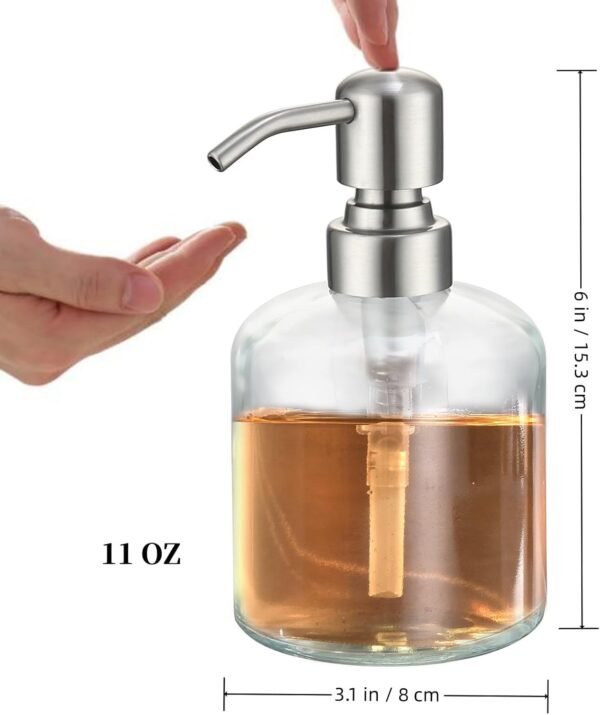 Qeemee Clear Glass Soap Dispenser, 11 Oz Boston Round Bottle Dispenser with Stainless Steel Pump, Refillable Kitchen & Bathroom Countertop Dish Soap Dispenser, Brushed Nickel - Image 7