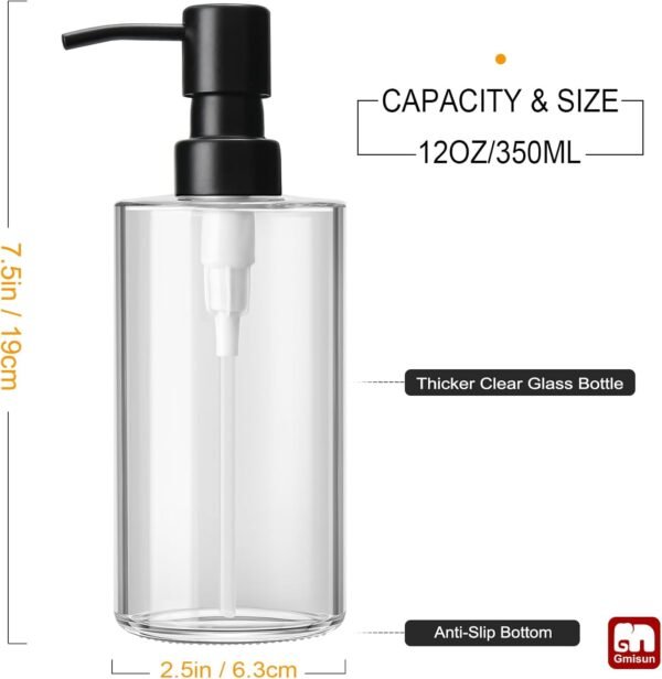 GMISUN Glass Soap Dispenser with Stainless Steel Pump, Clear Soap Dispenser, Hand Soap Dispenser for Bathroom, 12oz Dish Soap Dispenser for Kitchen, Modern Refillable Liquid Soap Dispenser Bottle - Image 2