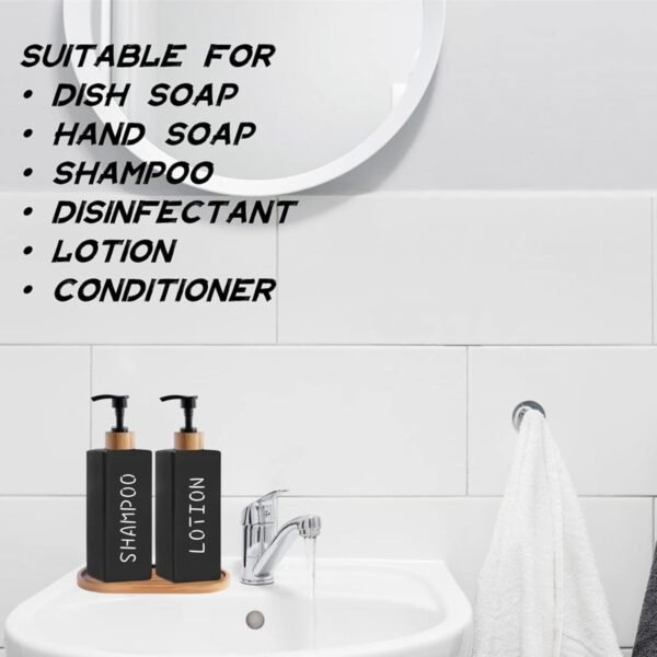 Matt Black Soap Dispenser Set, Harcure 2 Pack Glass Soap Dispenser with Tray, 12 oz Hand and Dish Soap Dispenser Set for Kitchen Bathroom, Refillable Liquid Lotion Dispenser Square (Black) - Image 7