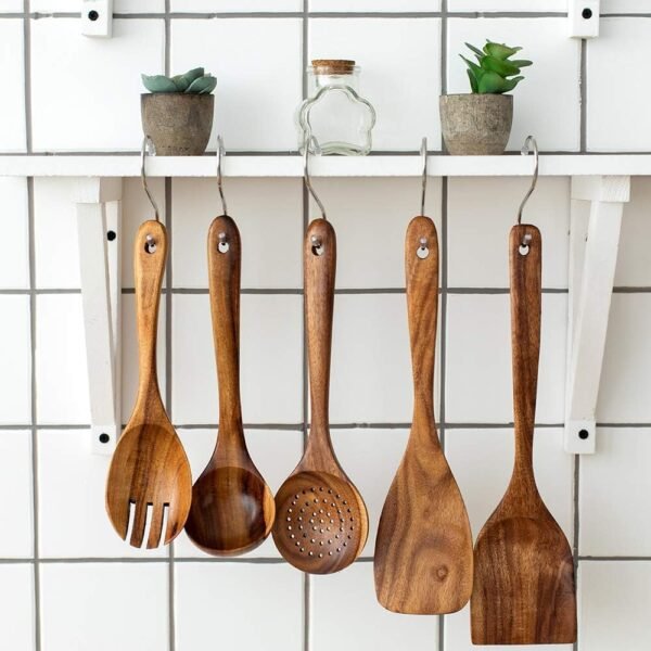 Wooden Kitchen Utensils Set, 5 PCs Natural Acacia Spurtle Set for Non-stick Pan Kitchen Tool Ladle and Wok Spatulas, Salad fork - Image 3