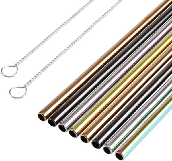 H&S Reusable Metal Straws for Drinking - 8pcs - Multi Colored Stainless Steel Straw Set - With Cleaner Brush & Pouch - Image 3