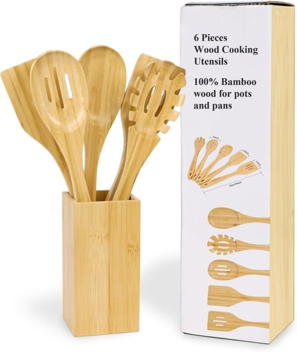 Kitchen Utensils Set - 6 Piece -wooden Spoons -Cooking Spoon Set -Wooden utensils set .Cutlery Set Made of Natural Bamboo -Cooking Utensils Wooden Spatula Comfortable Handle Wooden Kitchen Utensils