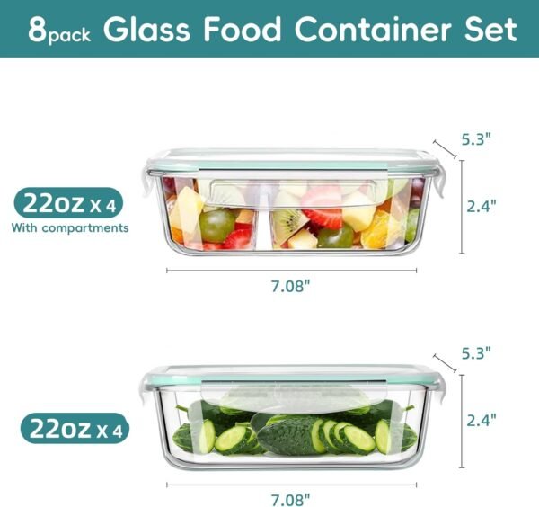 Airtight Glass Food Storage Containers with Lids, Glass Lunch Box, Leak-proof, BPA-Free, Microwave, Oven, Freezer, Dishwasher (8-Pack) - Image 2
