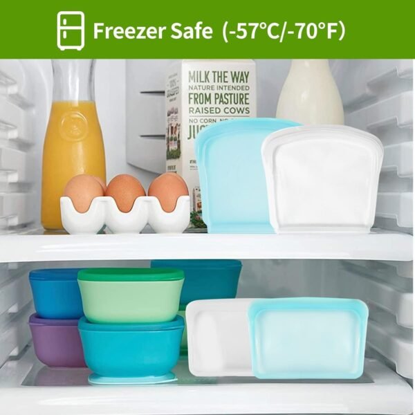 KVK Reusable Silicone Bags for Food Storage, 4 Pack Heavy Duty Silicone Ziplock Bags, Leakproof Reusable Sandwich Bags, Snack Bags, Oven Safe, Microwave Safe, Dishwasher Safe, Food Grade, Clear - Image 5