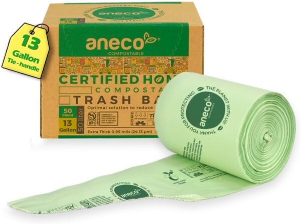 ANECO 100% Compostable Food Waste Bags 13 Gallon, 50 Count, Extra Thick Kitchen Compost Bags With Handles, Large Compostable Bags for Tall Kitchen Bin