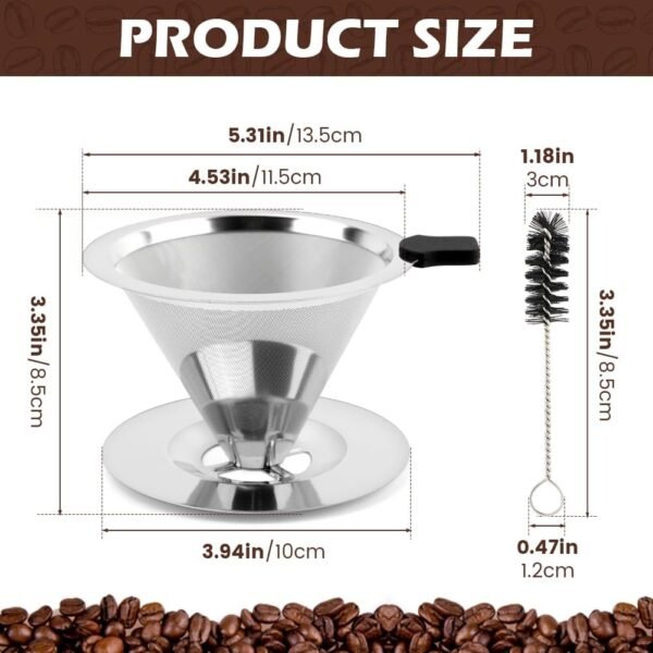 Pour Over Coffee Dripper with Cleaning Brush, Stainless Steel Cone Coffee Filter Fine Mesh Double Layer, Paperless Reusable Coffee Filter, Drip Cone Brew Coffee Strainer(SIZE:Medium) - Image 2