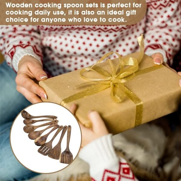 Kitchen Utensils Set 8 Piece Teak Wooden Cooking Utensil Set Non-Stick Pan Wood Spoons and Spatula Cookware for Home Everyday Use &Kitchen Tools - Image 7