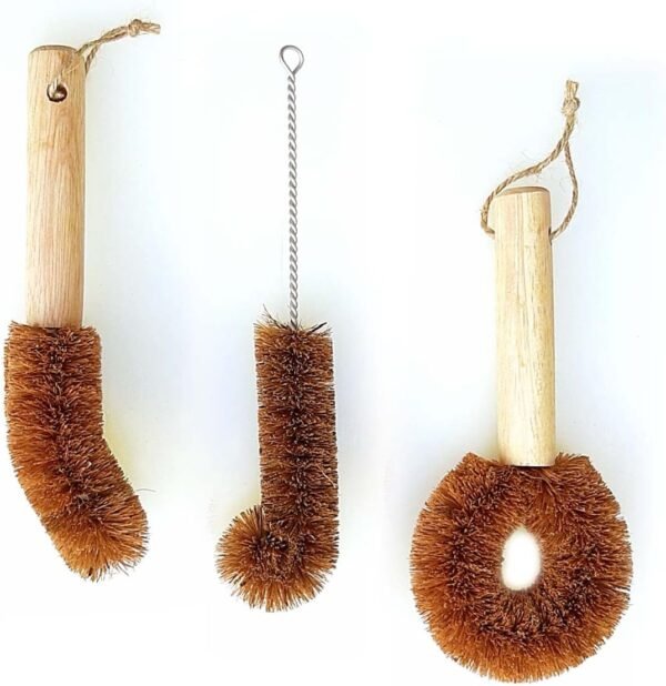 Kitchen Scrub Brush Set Household Cleaning Brushes All Natural Cleaning Brushes for Dish/Bottle/Vegetable/Pan/Pot, Scrubber with Wooden Handle and Coconut Fibers Bristles .Pack of 3