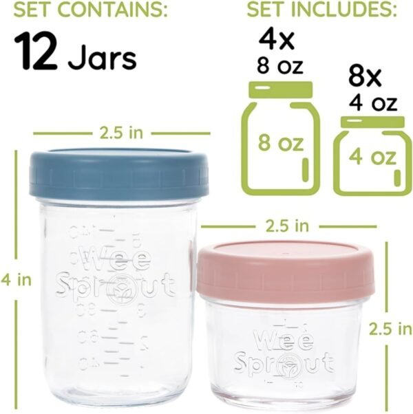 WeeSprout Glass Baby Food Storage Jars w/ Lids (4/8 oz, 12 Pack Set) Snack, Reusable Small Containers, Breast Milk, Fridge, Freezer, Microwave & Dishwasher Safe, Essential Must Have for Infants - Image 2