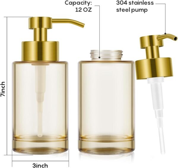 Glass Soap Dispenser with Stainless Steel Pump 2 Pack,12oz Thick Glass Gold Hand Liquid Soap Dispenser Bathroom,Dish Amber Soap Dispenser,Clear Soap Dispenser for Bathroom,Kitchen - Image 2