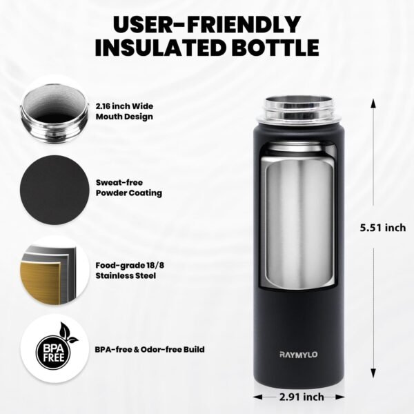 Insulated Water Bottle 20 oz, Triple Wall Vacuum Stainless Steel (Cold for 48 Hrs), Leak Proof & Non-BPA, Kids Water Bottle Jug for School with Straw Spout Lids, Magic Black - Image 5