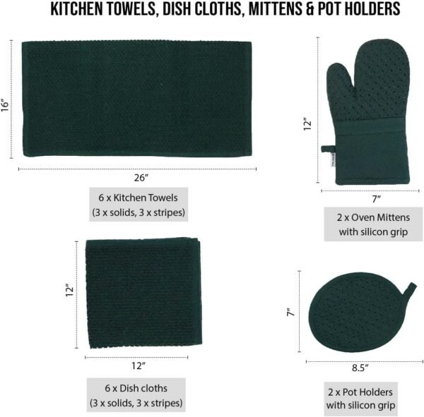 Lane Linen Dish Towels and Dishcloths Sets - 16 Pc Kitchen Towels Set, 500 Degree Heat Resistant Kitchen Mitts and Pot Holders, 100% Cotton Dish Towels, Kitchen Dish Rags for Washing Dishes - Green - Image 2