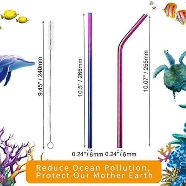 VEHHE Metal Straws Drinking Straws 10.5" Stainless Steel Straws Reusable 8 Set - Ultra Long Rainbow Color-Cleaning Brush for 20/30 Oz for Yeti - Image 2