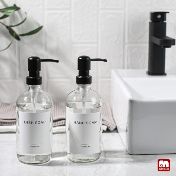 GMISUN Glass Soap Dispenser with Pump, 2 Pack Clear Bathroom Hand Soap Dispenser with Stainless Steel Pump, 16 Oz Refillable Kitchen Hand and Dish Soap Dispensers Set, Modern Liquid Pump Bottles - Image 3