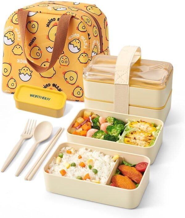 ArderLive Stackable Lunch Bento Box with Bag and Utensils, Microwave Safe, BPA-Free Eco-Friendly Lunch Containers for Adults Japanese, Yellow Denim Bag with Bonus Dip Container