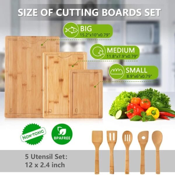Bamboo Cutting Board Set With 5 PCS Utensils Set Kitchen Chopping Mats with Juice Chopping block