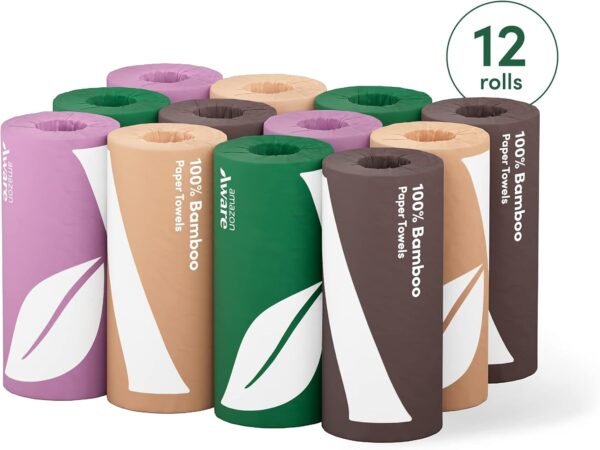 Amazon Aware 100% Bamboo Paper Towels, 12 Rolls, 2 ply, FSC Certified, 150 Sheets, 1800 Count, Pack of 12, Plastic-Free, White - Image 7