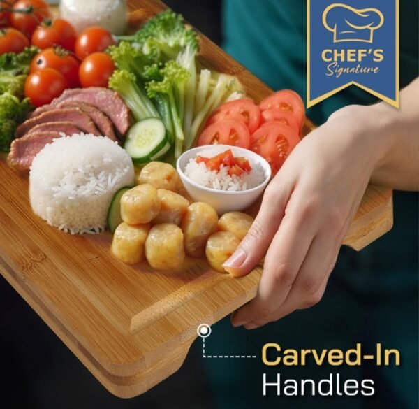 CHEF'S SIGNATURE Premium Organic Bamboo Cutting Boards for Kitchen Set of 3 - Durable, Eco-Friendly - Wood Cutting Board w/Juice Grooves & Easy Grip Handles - Perfect for Chopping, Slicing and Serving - Image 5
