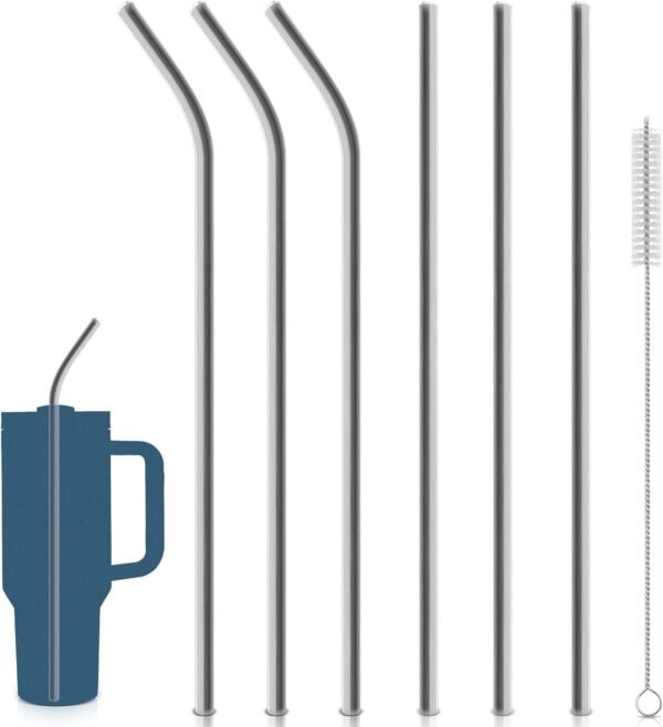 Stainless Steel Straws for Stanley 40oz - 6PCS metal replacement Straws with Cleaning Brush for Stanley 40oz Quencher Tumbler, Long Straws Reusable Drinking Accessories for Stanley Cup