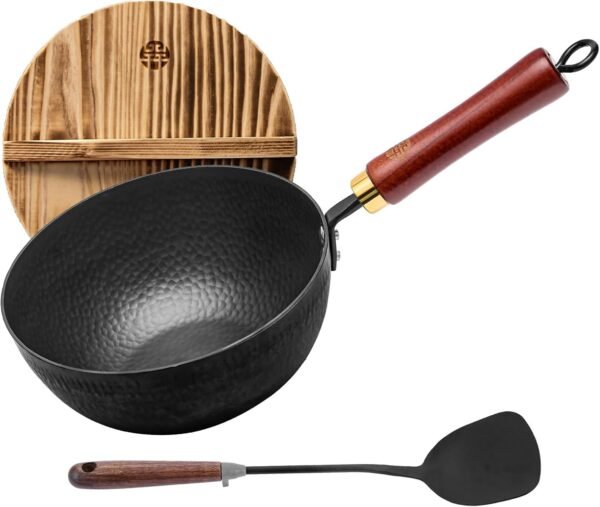 WANGYUANJI Handmade Cast Iron Wok,Non-Coated Stir Fry Pan,8.6-Inch Iron Pot with Lid and Spatula,Suitable for Home Cooking, Compatible with Induction, Gas, and Electric Ceramic Cooktops
