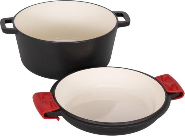 MAISON ARTS 2-in-1 Enamel Cast Iron Dutch Oven with Dual Handles, 5 QT Dutch Oven Pot & 10.5“ Skillet Lid Doubles as Cast Iron Pan, Oven Safe up to 500°F, Cookware for Cooking Baking Stewing