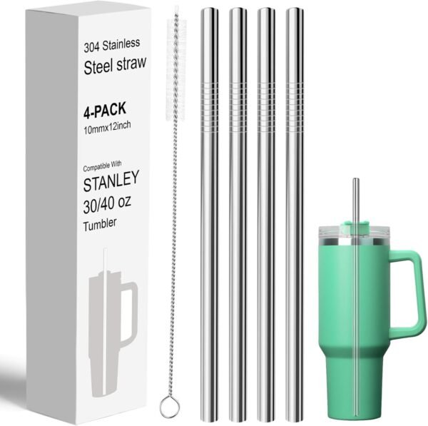 FYY Reusable Straws for Stanley 40 oz 30 oz Cup Tumbler - 4 Pack Stainless Steel Metal Drinking Straw with Cleaning Brush, 12 inch Long, 0.35 inch Wide Straws for Stanley Accessories