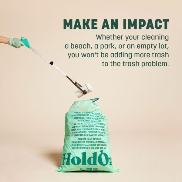 HoldOn Compostable Tall Trash Bags Clean Up Kit- 13-Gallon Bags (2PCS), Compostable Gloves, Trash Picker, Super-Strong Drawstring Handle, Multi-Way Flex Material Triple Ply Leak Resistant Eco-Friendly - Image 4