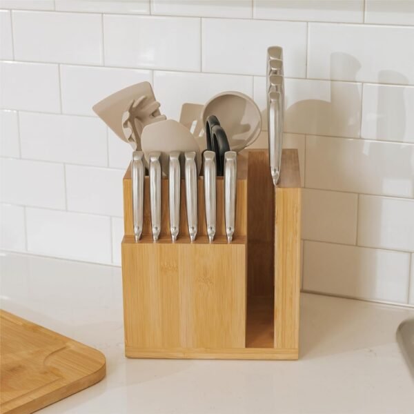 Bamboo Magnetic Knife Block and Cooking Utensil Holder, Sleek Storage for Chefs Knives, Steak Knives, Spatulas, Scissors, Non-Slip Rubber Feet, Easy to Clean, Kitchen Countertop Organizer - Image 8