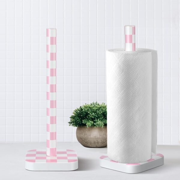 Black and White Checkerboard Paper Towel Holder Wood Paper Towel Stand Wooden Paper Towel Dispenser with Anti Skid Base for Kitchen Bathrooms Countertop (Pink)