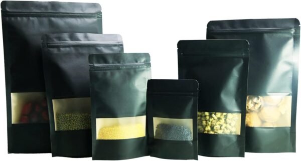 PQZKLDP100pcs Black Kraft Paper Stand Up Pouches-4.7x7.9inch-Ziplock- Black Sealable Food Storage Bags with Matte Window, Reusable, Heat-Sealable for Packaging in Home -Office -Outdoors