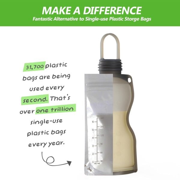 haakaa Silicone Breast Milk Storage Bag 9 oz- Reusable Milk Collector Freezer Bag for Breastfeeding Mom - Baby Food Storing Yummy Pouch - Breast Pump Bag -Leakproof - 5 Count - Image 2