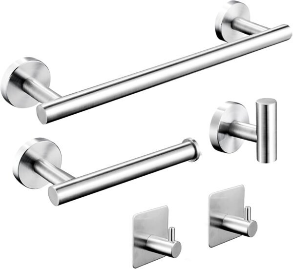 Bathroom Hardware Set, 16" Matte Silver Bathroom Accessory Set, 5 Pieces Hand Towel Bar Set Wall Mounted, Including 16" Hand Towel Bars, Toilet Paper Holders, Robe Towel Hooks Silvery