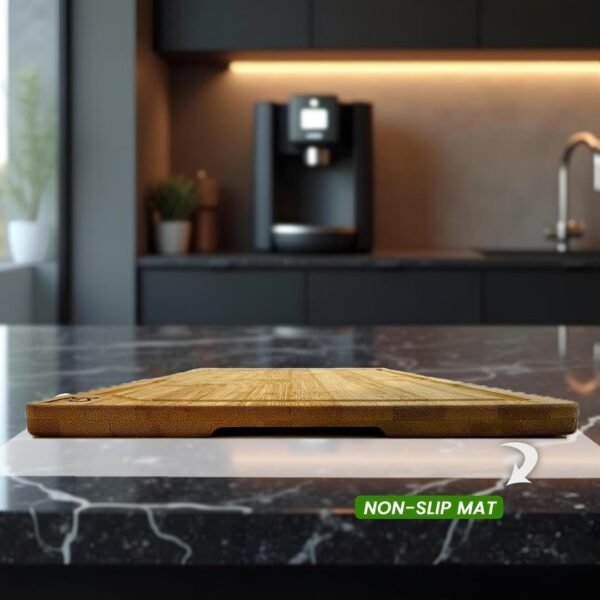 KBASIX 3-Piece Bamboo Cutting Boards Set for Kitchen, Thick Cutting Boards with Juice Grooves and Easy Grip Handle, Pre-oiled Bamboo Chopping Board Set for Meat, Veggies,fruits - With Anti Skid Mat - Image 4