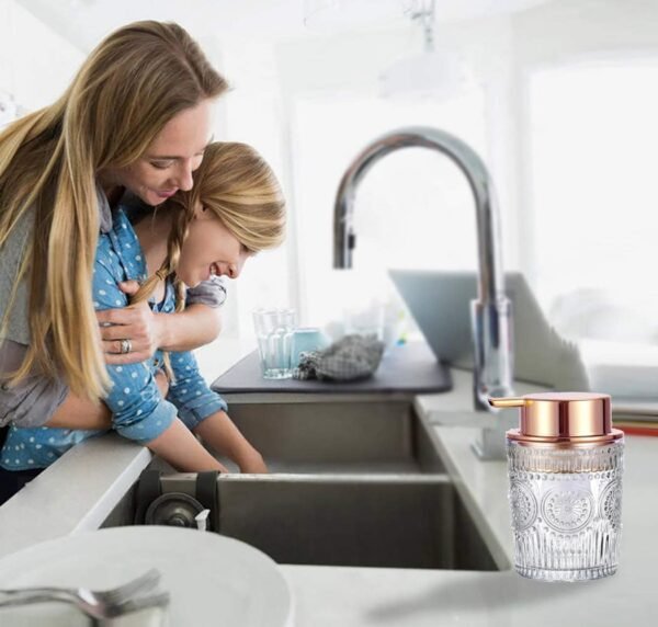 Glass Soap Dispensers with Copper Rose Gold Pump Head, Hand Soap Dispenser for Kitchen and Bathroom, Heavey Sunflower Glass Cup 330ml/11oz - 1 Pack - Image 2
