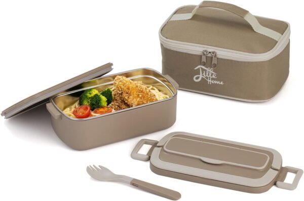 Lille Home Stainless Steel Bento Lunch Box for Adults, 34oz Portable Food Container with Lunch Bag and Utensils, Ideal for Meal Prep and On-the-Go (Brown)