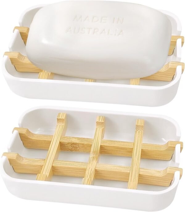 2 Pack Bamboo Soap Dishes Set - Self-Draining, Detachable, Easy to Clean Soap Holders for Bathroom and Kitchen, Ideal for Shower, Bathtub, Sink (White)