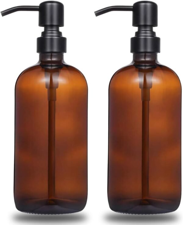 Amber Glass Soap Dispenser, 16oz Hand Soap Dispenser for Bathroom/Kitchen Countertop, 2 Pack