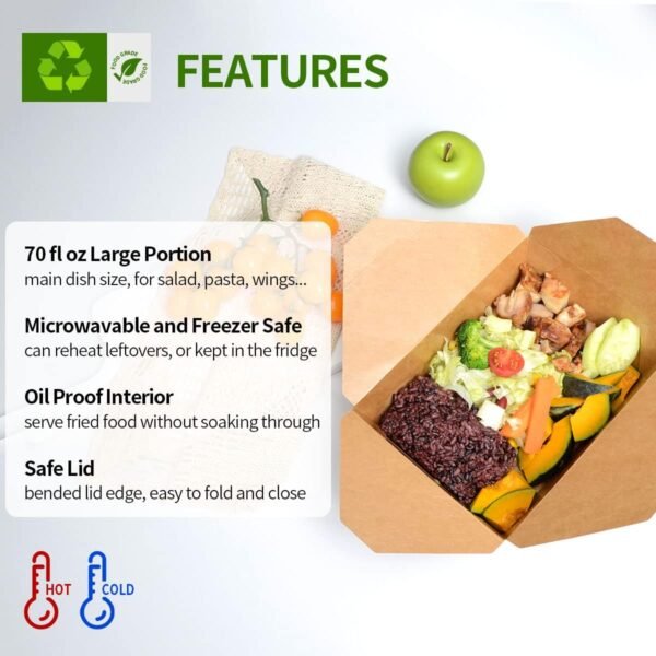 50 Pack 70 oz Large Take Out Food Containers - Heavy Duty Microwavable Kraft Brown Paper To Go Box #3 - Grease Resist Paper Lunch Box Cardboard Take Out Box for Restaurant, Household, Party - Image 3