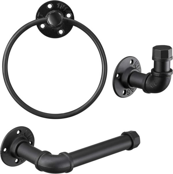 Industrial Black Bathroom Hardware Set, Wall Mounted Hardware Accessories, includes Toilet Paper Holder Towel Ring Towel Hook Set, Matte Black Iron Finish for Bathroom 3PCS