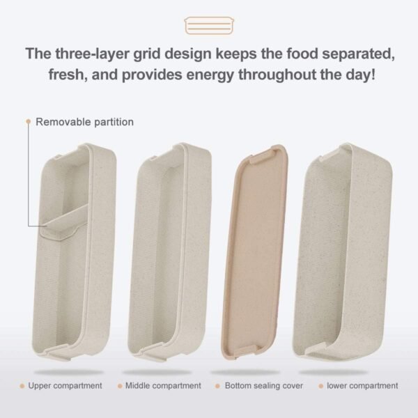 Bento Box for Adults, 3-In-1 Meal Prep Container, 900ML Japanese Lunch Box with Compartment, Wheat Straw, Leak-proof, Spoon & Fork, BPA-free (Beige) - Image 3