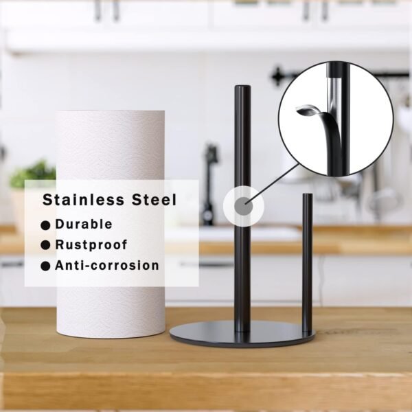 Paper Towel Holder Black Kitchen Roll Holder, Premium Stainless Steel Paper Towel Holder for Kitchen Roll Organize, Countertop Roll Dispenser with Weighted Base - Image 3