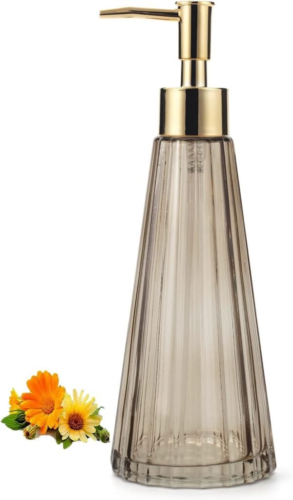 10oz/300ml Hand Soap Dispenser Bathroom, Kitchen Soap Dispenser, Glass Soap Dispenser with Gold Rust Proof Pump, Liquid Soap Dispenser with Elegant and Beautiful Color (Brown)