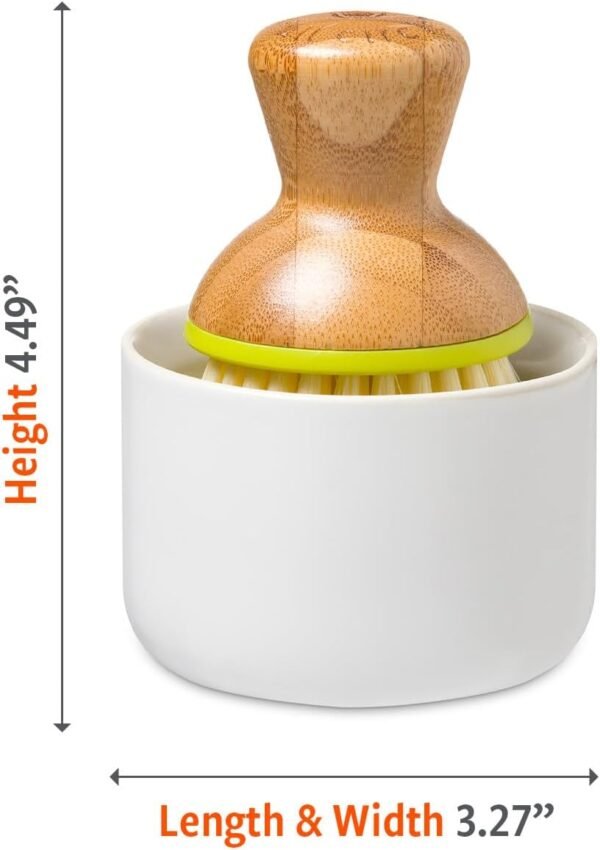 Full Circle Bubble Up- Eco-Friendly Bamboo Dish Brush & Ceramic Soap Dispenser - Natural Scrub Set for Dishes, Cast Iron - Kitchen Cleaning with Handle, White - Image 8